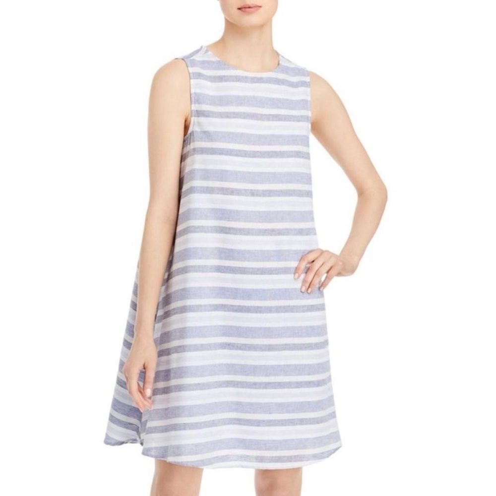 Beach Lunch Lounge Malibu Blue White Striped Linen Above the Knee Shift Dress